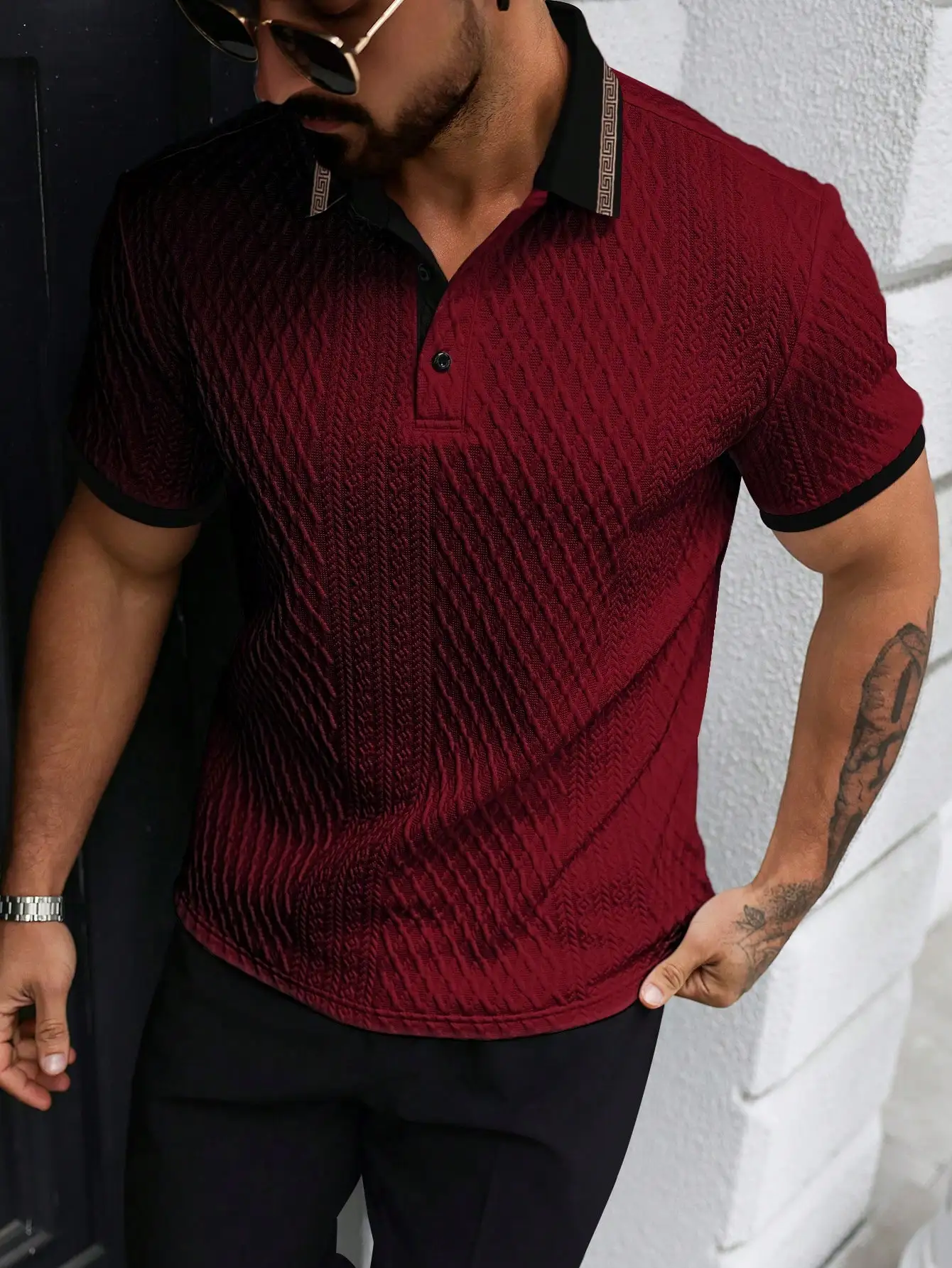 

Men's Burgundy Textured Knit Polo Shirt with Greek Key Trim Collar