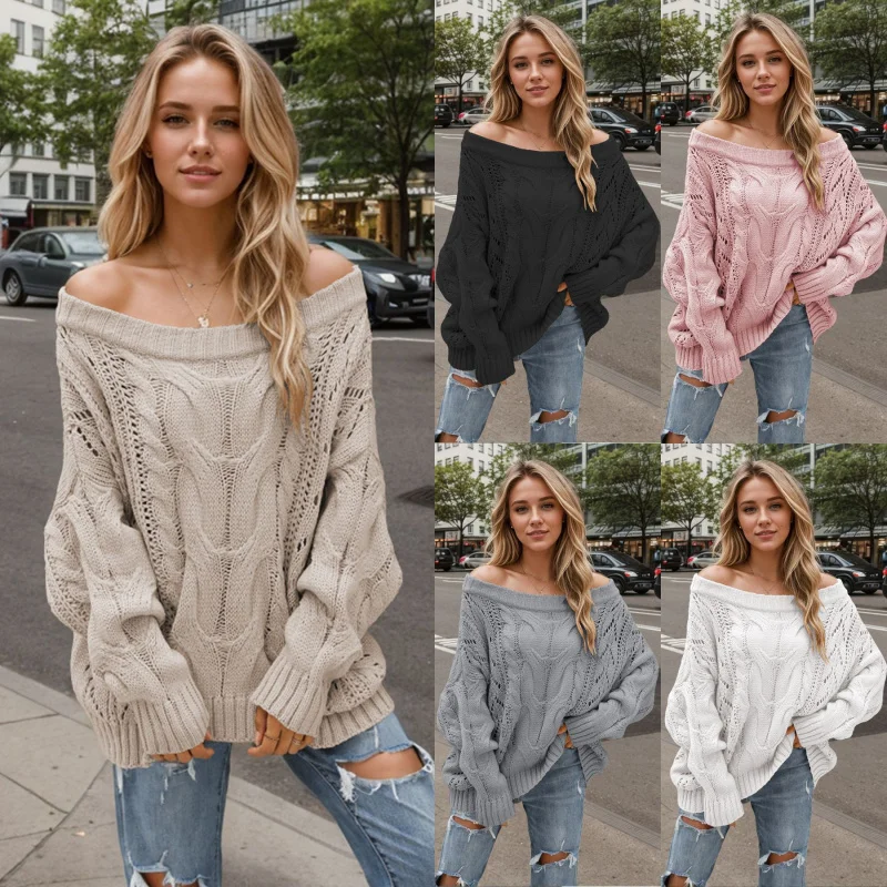 2024Autumn and Winter off-the-Shoulder plus Size Loose Sweater off-the-Neck Solid Color Pullover Sweater Women's