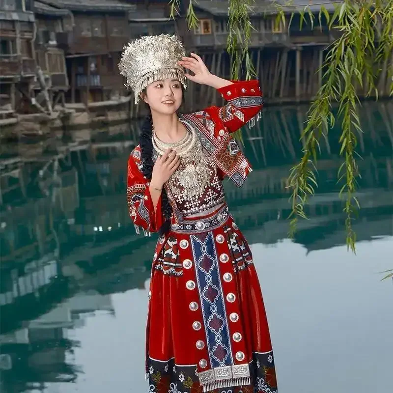 

Red National Minority Top Skirt Headwear Collar Long Skirt Stage Performance Costume Miao Ethnic Clothing Hmong Village Costume
