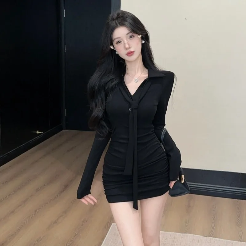 퓨어 디자이어 섹시 브이넥 플리츠 디자인 허리 조임 스커트 드레스 하이웨이스트 플로잉 출퇴근룩 한국 스타일