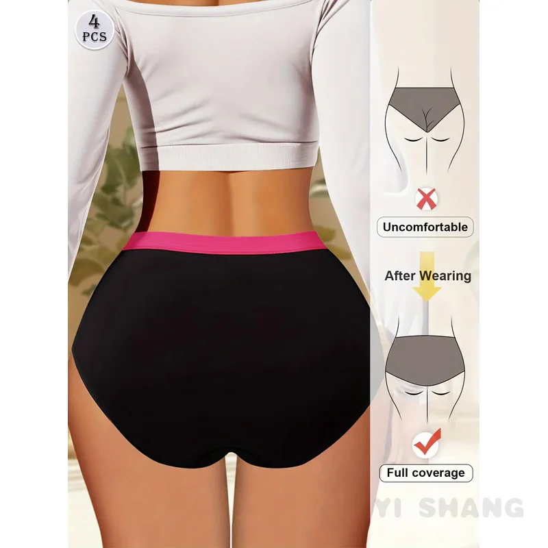 4pcs High Waisted Tummy Tightening Women's Panties Fashion Clashing Colors Comfortable Shape Triangle Pants Breathable Cotton