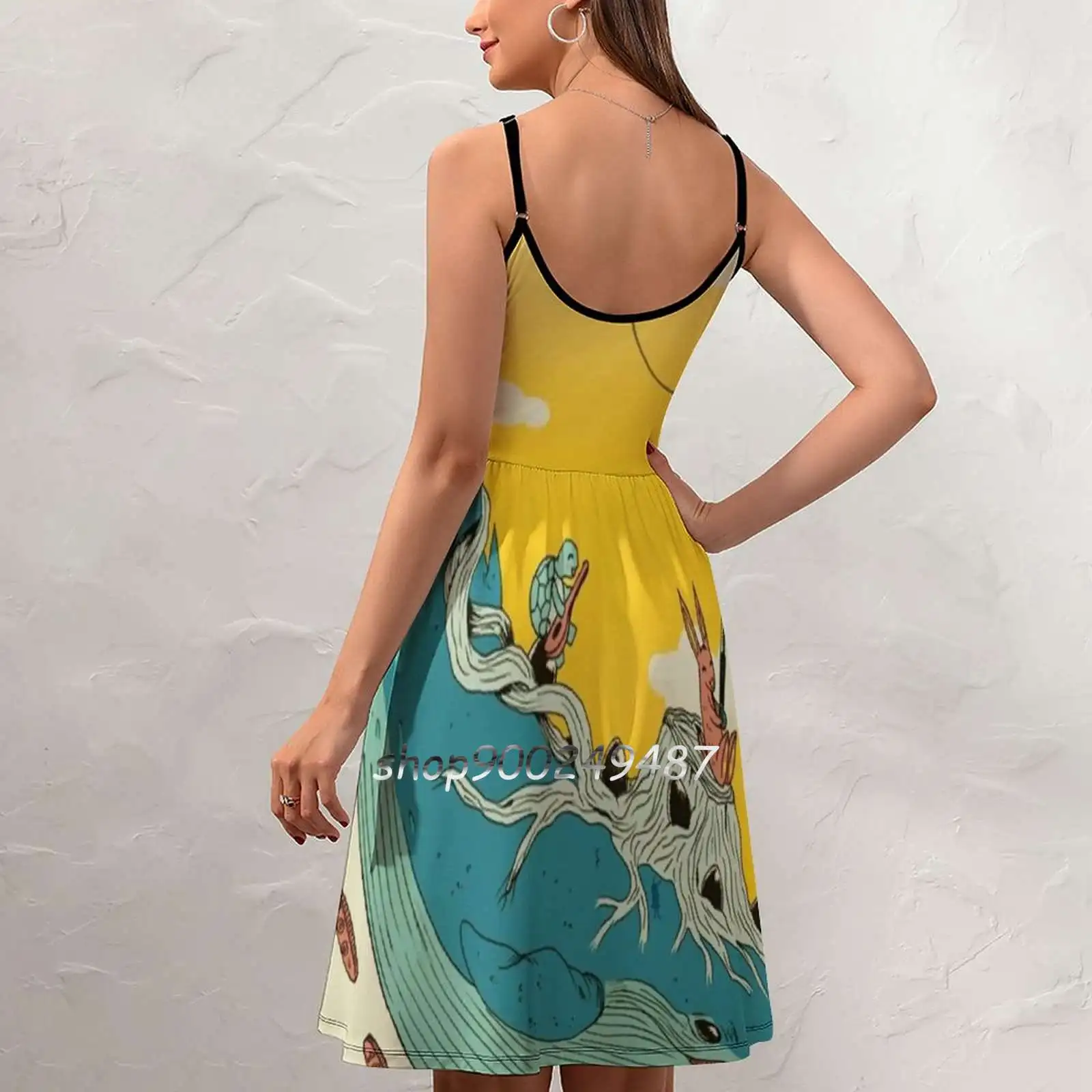 100 Leagues Sling Dress Women Summer Printing Condole Belt Dresses Blue Whale Rabbit Century Egg One Hundred Mandolin Tree