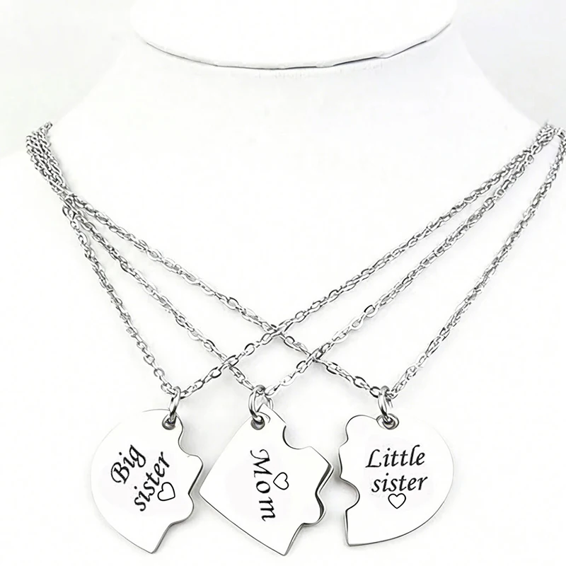 3 Pcs Mom Big Sister Little Brother Heart Puzzle Matching Pendant Necklace Set Stainless Steel Family Jewelry Gifts