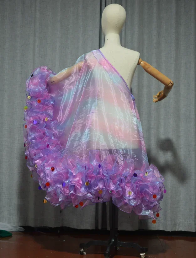 Sequin decoration Rainbow organza Ruffle Edge Short Robe Fashion Stage Party Wedding Bride Mini Shoulder Sleeves  Short Skirt