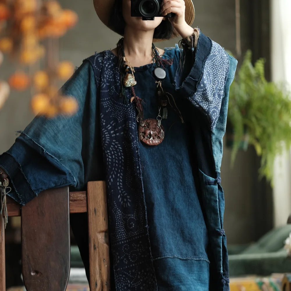 blue dress with bow on front Women's Blue Folk Floral Patchwork Dress main image 0