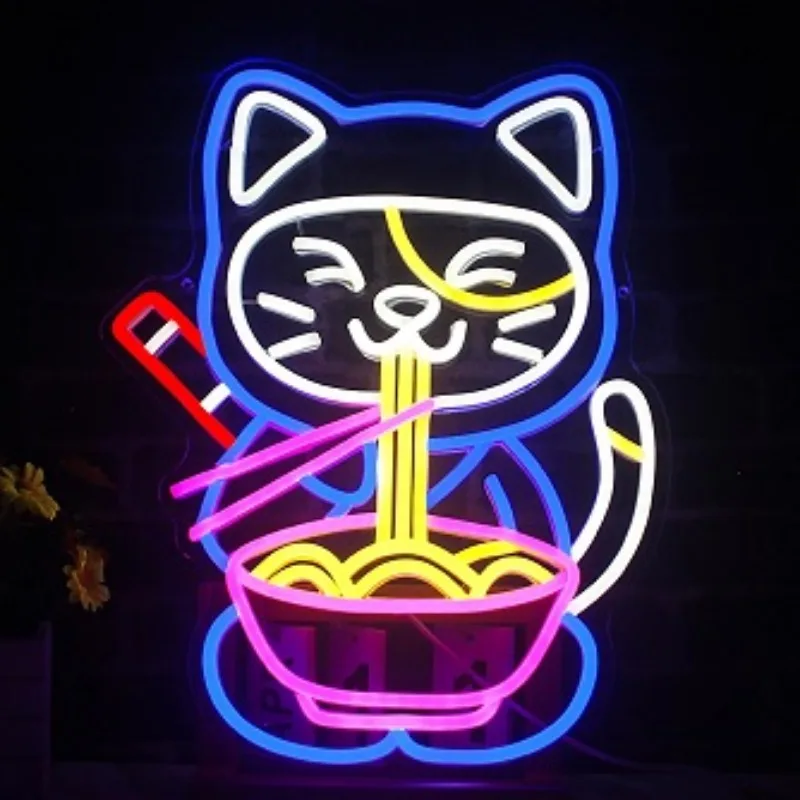 Ramen Cat Neon Signs Noodles Shop Wall Decoration Business Store Led Lights Up Sign For Restaurant Food Shop Lamp Dimmable USB