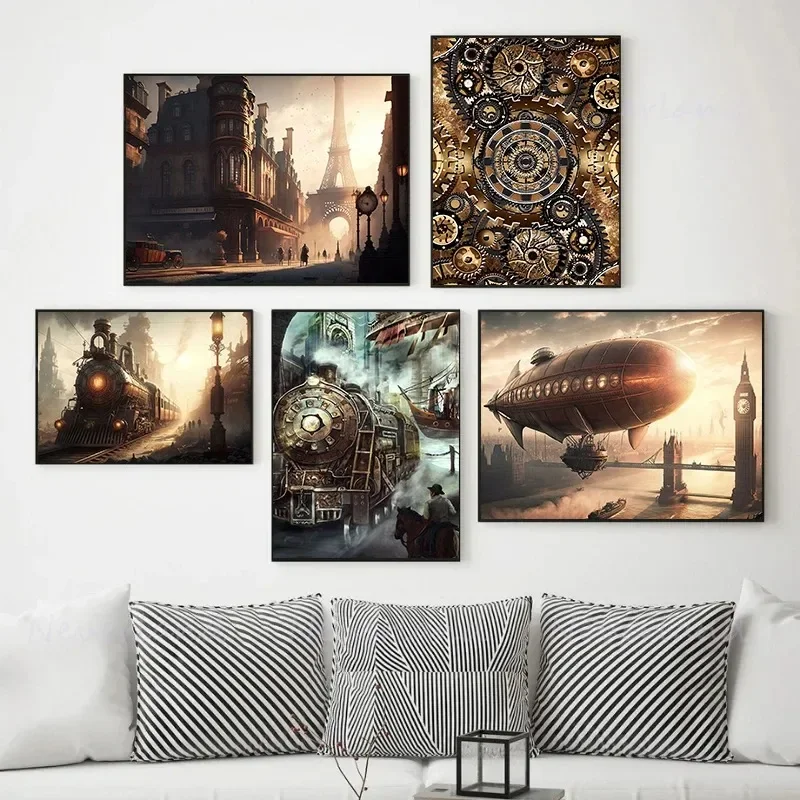 Steampunk Railroad Train Airship Posters and Prints Canvas Printing Wall Art Picture for Living Room Home Decoration