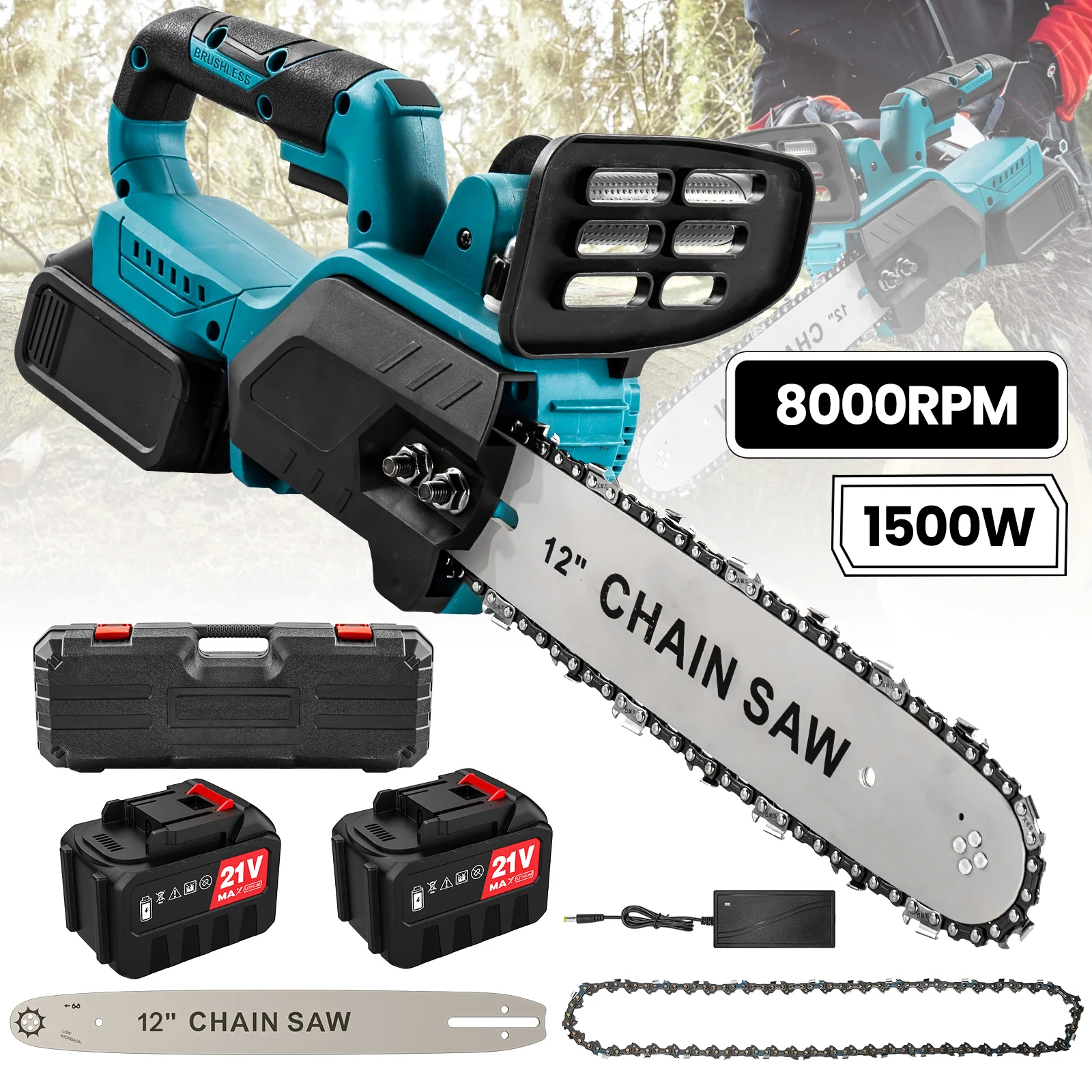 1500W 12-Zoll Bürstenlose Akku-Kettensäge 8000 U/min Einstellbar 30cm Schnittkapazität Kompatibel mit Makita 18V Akku Holzbearbeitung Garten Baumschnitt-Werkzeug