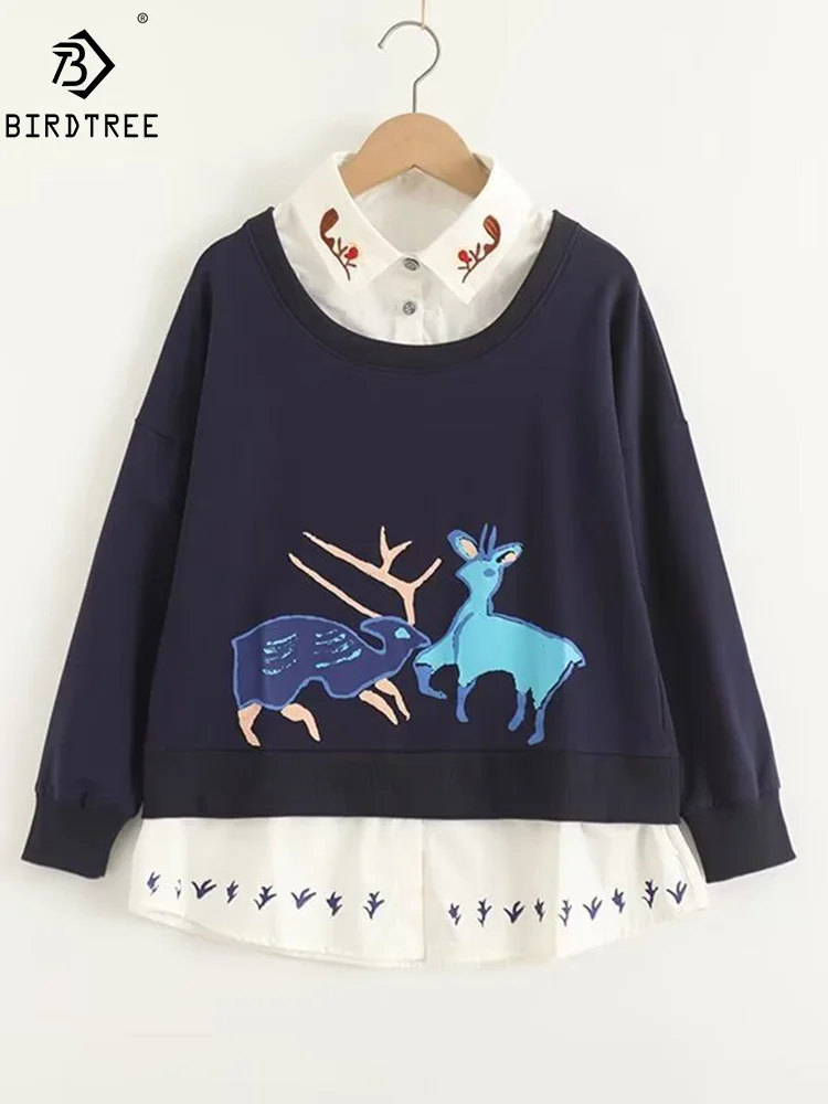 

New Summer Cotton Fake 2pieces Long Sleeve Shirt, Women Deer Embroidery Top, Mori Girl Casual Loose Hoodies, Autumn T47722QM