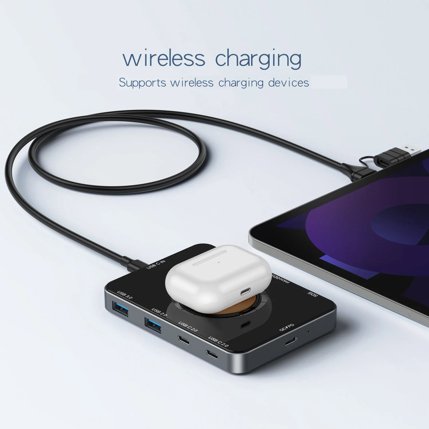 9-in-1 USB C HUB 30W Wireless Charging Type C HUB Docking Station Fast Charging USB 3.0 HUB 5Gbps for PC Laptop MacBook pro