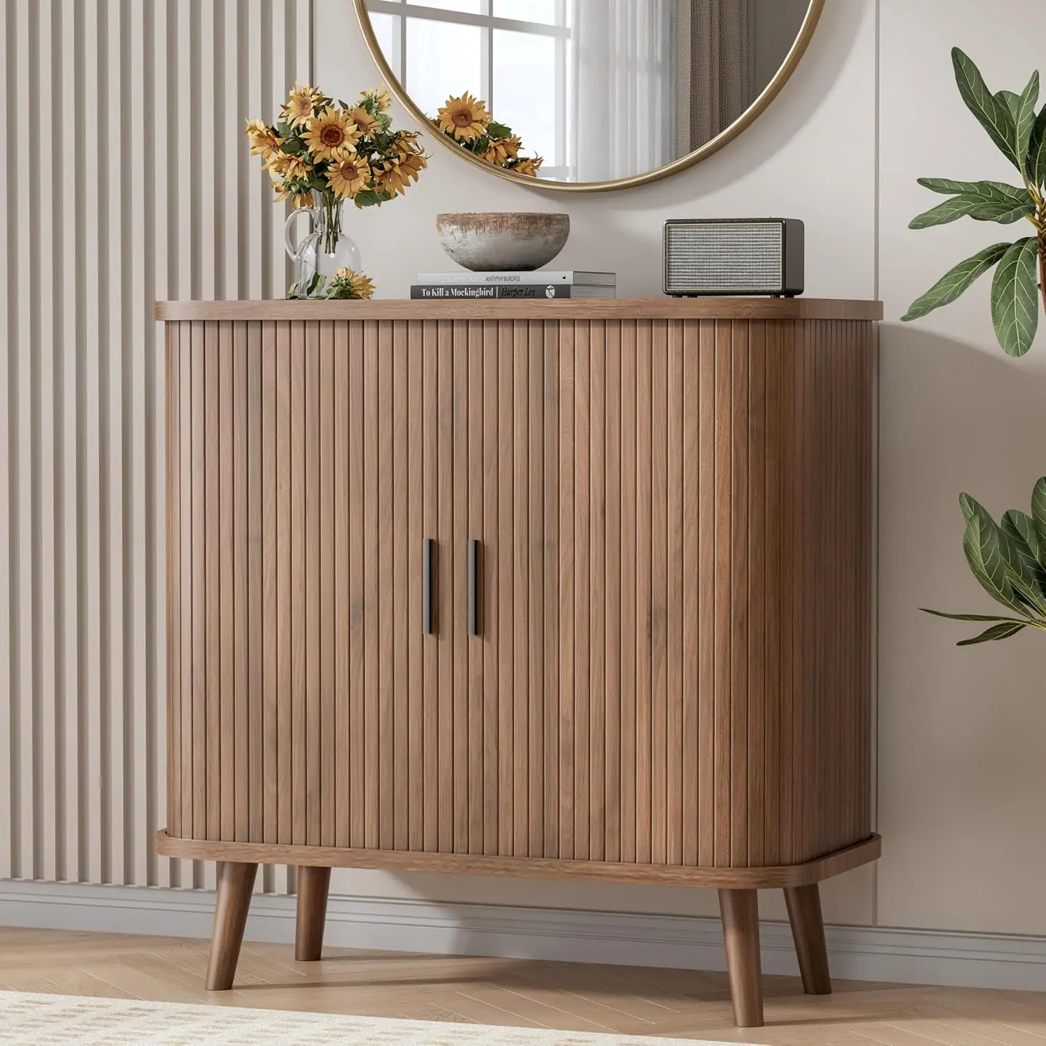 

Buffet Cabinet With Storage, Curved-Edge Fluted Storage Cabinet Sideboard, Modern Walnut Sideboard Buffet With Adjustable Shelve