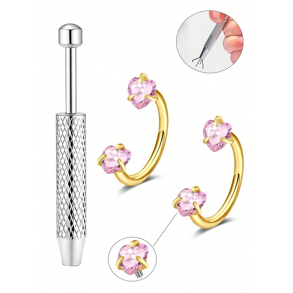 18G 2 Stück Hufeisen-Nasenringe mit 1 Stück Piercing Taper Ball Grabber, Edelstahl Doppel-Zirkonia-Nasenbolzen – Detail 15