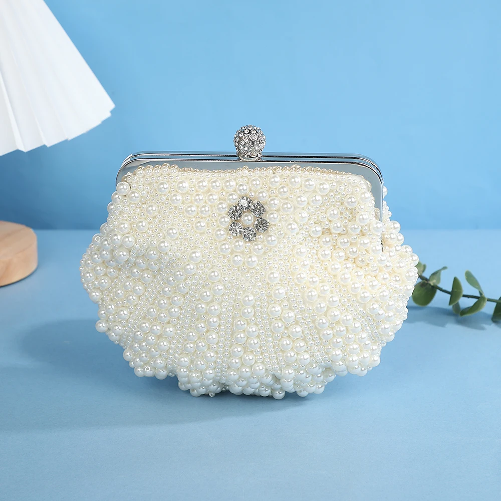 Luxury Wedding Pearl Purse shell Evening Handbag, Women Pearl Evening bag Cascading Beaded Rhinestone Fancy clutch purse