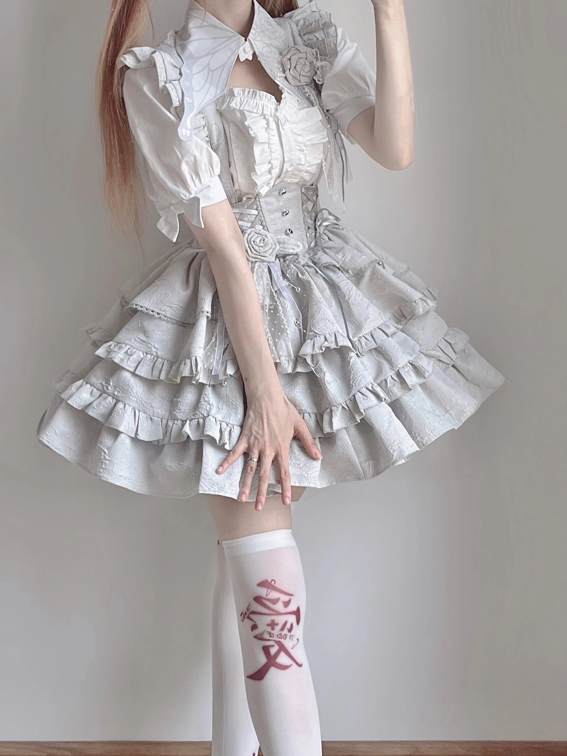 Japanese Gothic Sweet Cute Lolita Skirt Sets 3D Flowers Lace-up Sk Lo Short Skirts Bubble Sleeve Inner Shirt Two-piece Set Women