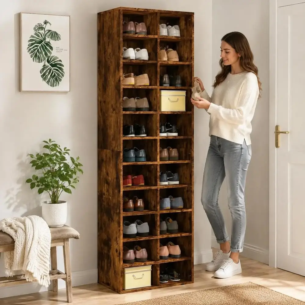 Meuble à chaussures en bois massif, étagère de rangement à 22 niveaux de grande capacité, mobilier moderne et minimaliste pour entrée, couloir, chambre à coucher, structure robuste, finition naturelle, 54x34x183 cm