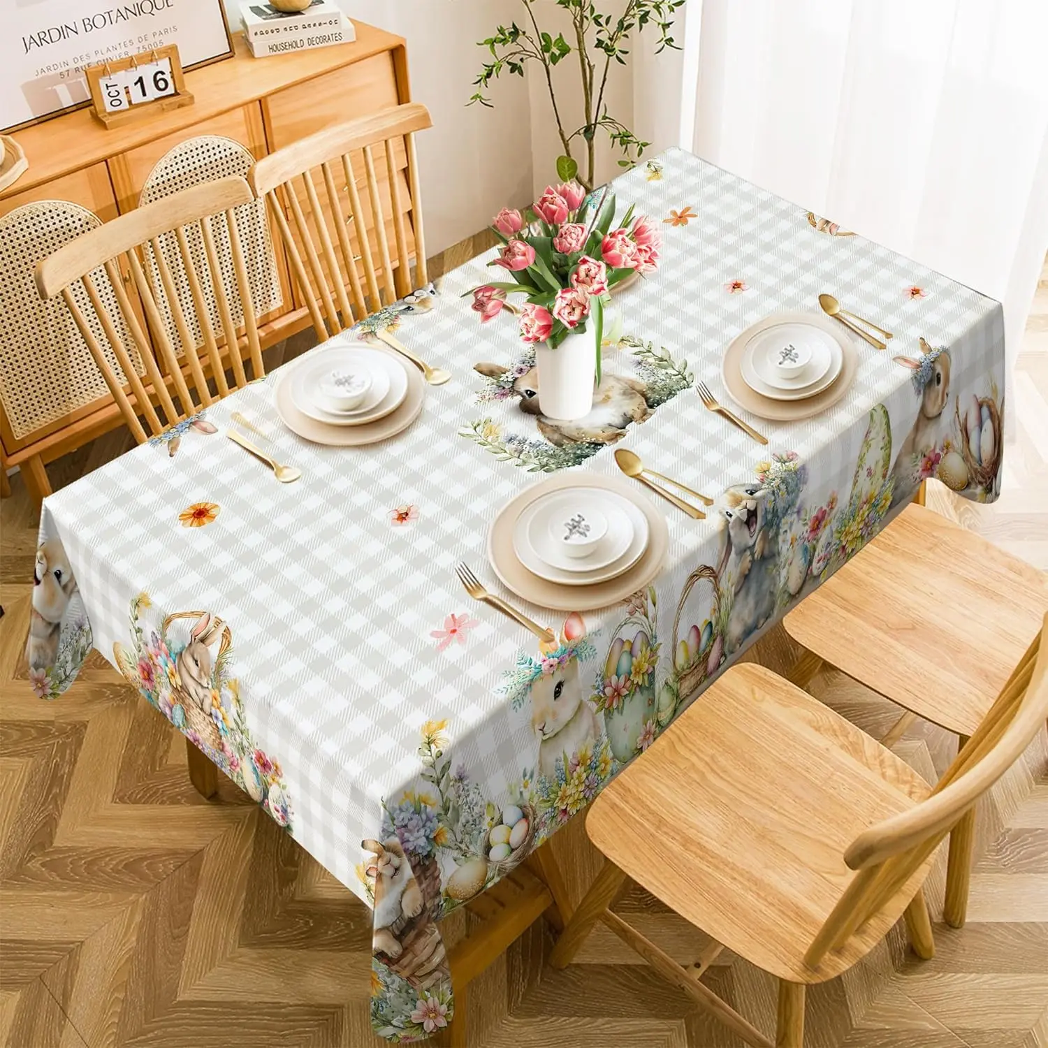 Easter Tablecloth Spring Flower Buffalo Plaid Bunny Washable Table Cover for Outdoor Farmhouse Party Picnic Dining Room Decor