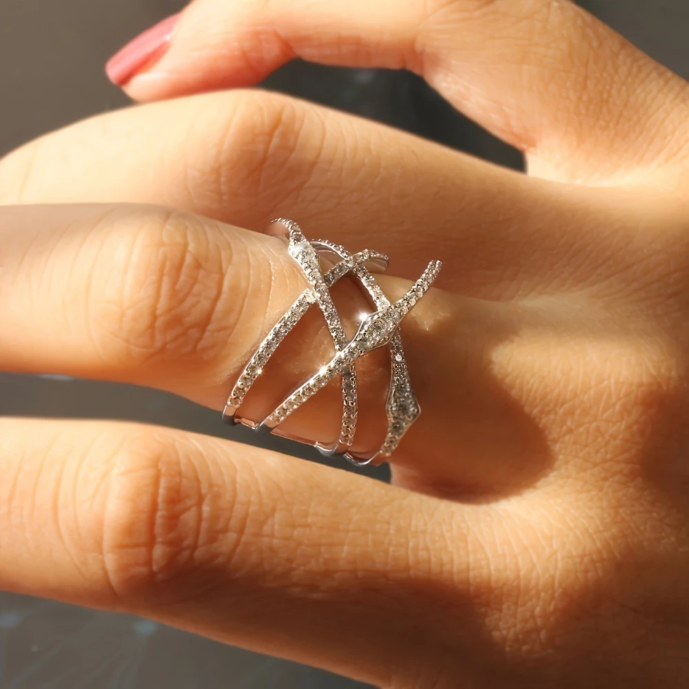 1pc Women Fashion Ring Hip-hop Style Special Geometric, Interweaving Design Micro Paved Shiny Synthetic Zircon Suitable Daily Clothing Party Accessories For Men Women