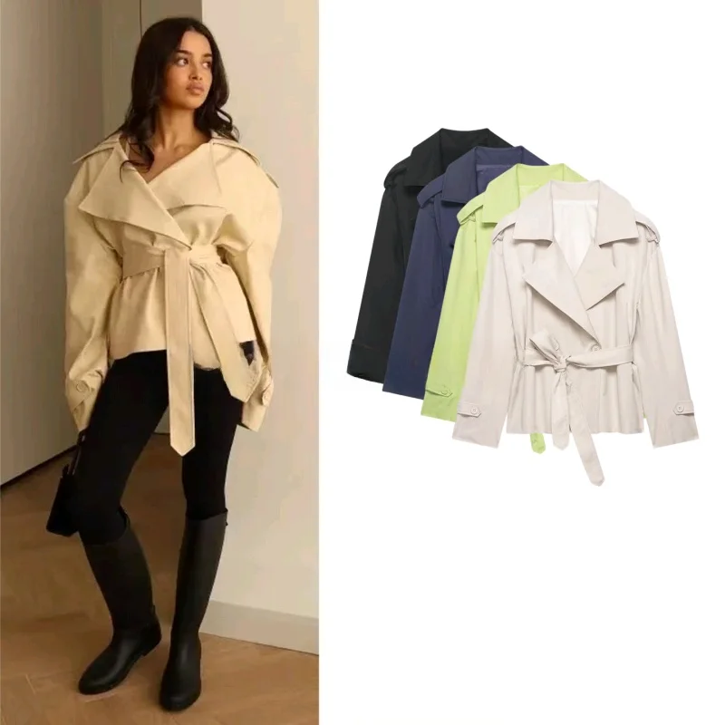 

Spring 2026 Women's Casual Style Double-Breasted Short Length Coat with Collar Long Sleeve Knot Tied Windbreaker Ja...