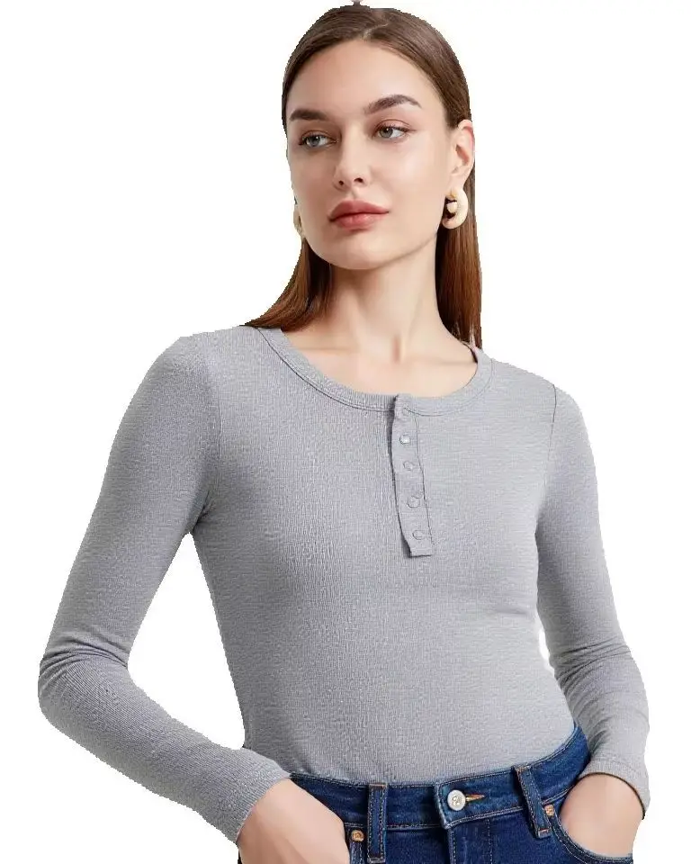 4 Pcs Women Long Sleeve Henley Shirts Set, 95% Polyester 5% Spandex Ribbed Knit Crop Tops, Button Crew Neck Slim‑Fit Basic Casua - view 2