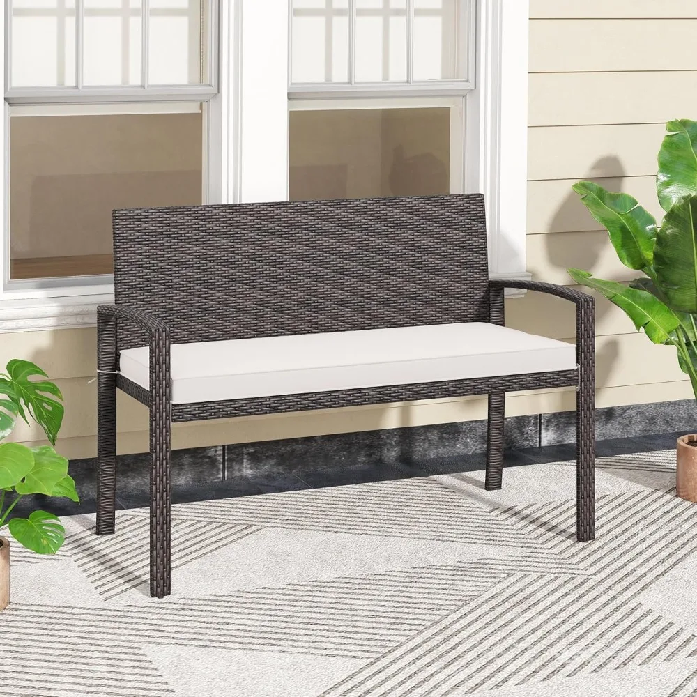 

Outdoor Rattan Bench, 2-Person Patio Loveseat with Removable Seat Cushion, Metal Frame, Backrest & Armrests, for Porch,