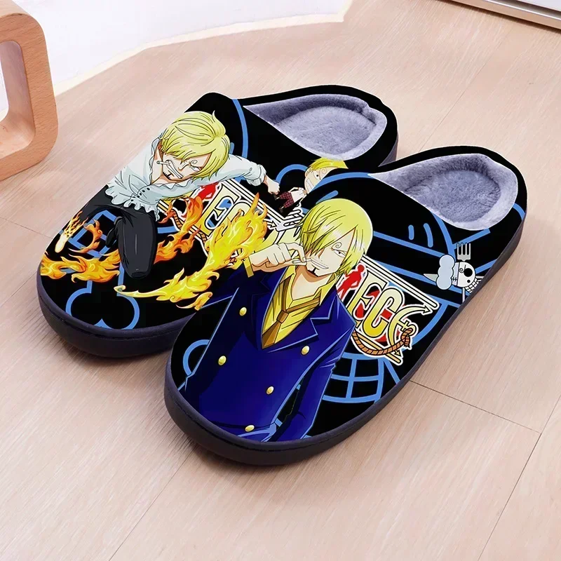 ONE PIECE Cartoon Warm Plush Cosplay Slippers Couple\'s Indoor Non-slip House Slides Men And Women Toe Wrap Home Cotton Shoes