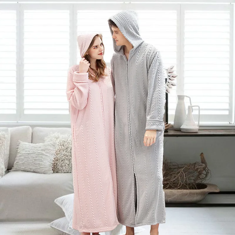 Women Extra Long Thermal Bathrobe Jacquard Flannel Winter Plus Size Pregnant Warm Bath Robe Zipper Dressing Gown Men Sleepwear