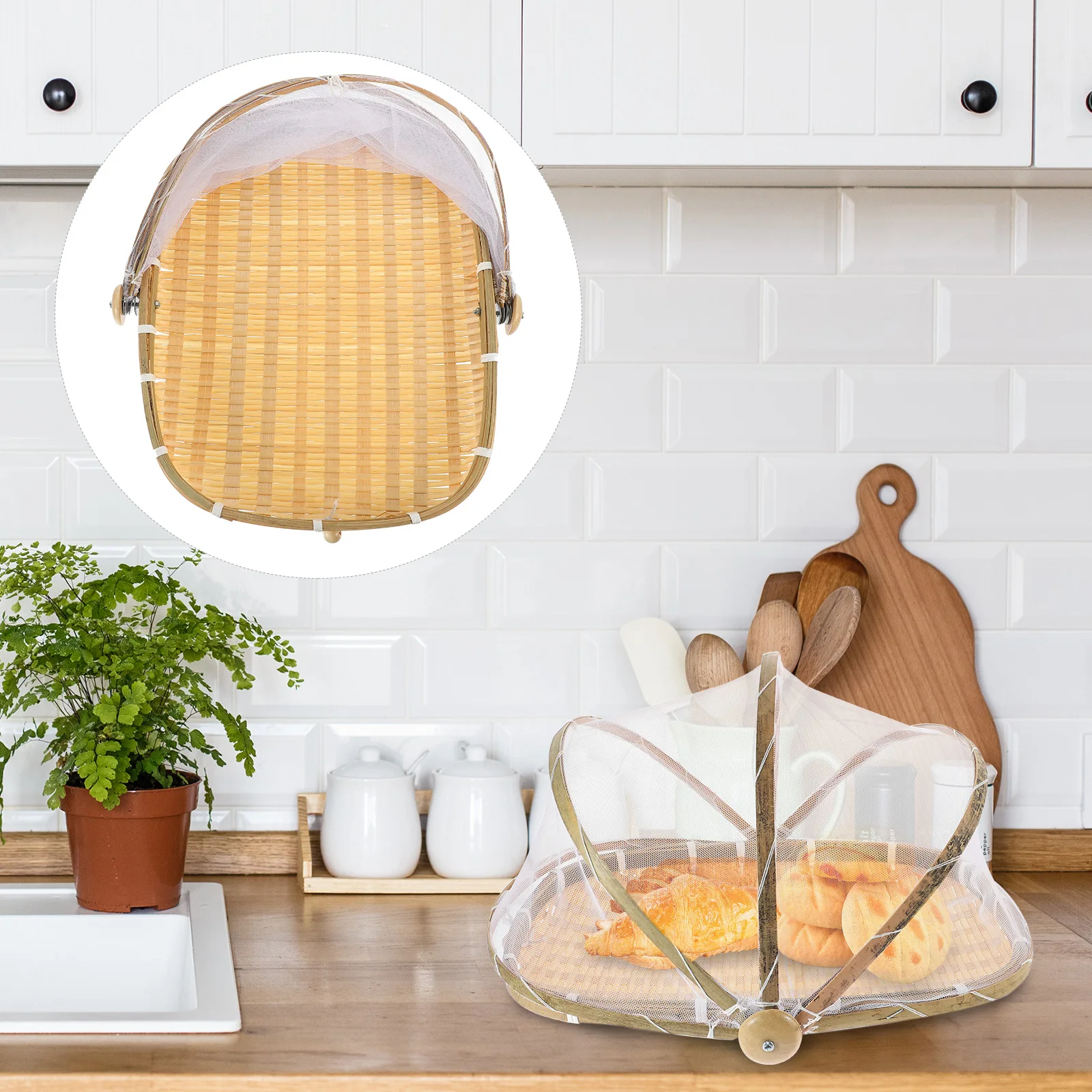 

Bamboo Dustpan Woven Basket Gauze Cover Food Storage Bread Vegetable Serving Household Kitchen Picnic Basket Multi Purpose