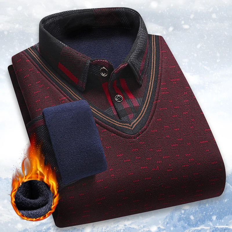 New Autumn Winter Sweaters Men\'s Velvet Pullover Knitted Bottom Shirts Men\'s Polo Pullover Wine Red Fleeced Knitwear
