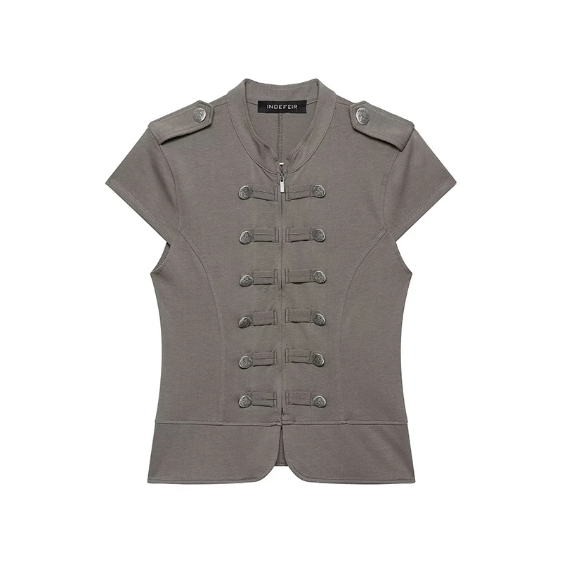 

YENKYE Women's Military Style Zip-up Button Vest Mandarin Collar Short Sleeves Fitted Waistcoat