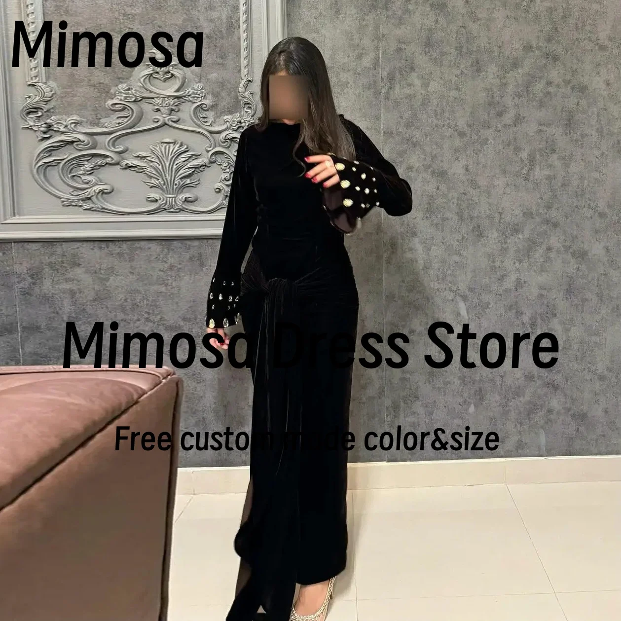 Mimosa Black Velour Ankle Length Dresses for Evening Party Crystals Long Sleeves Prom Dress Saudi Arabia Women Wear Customized