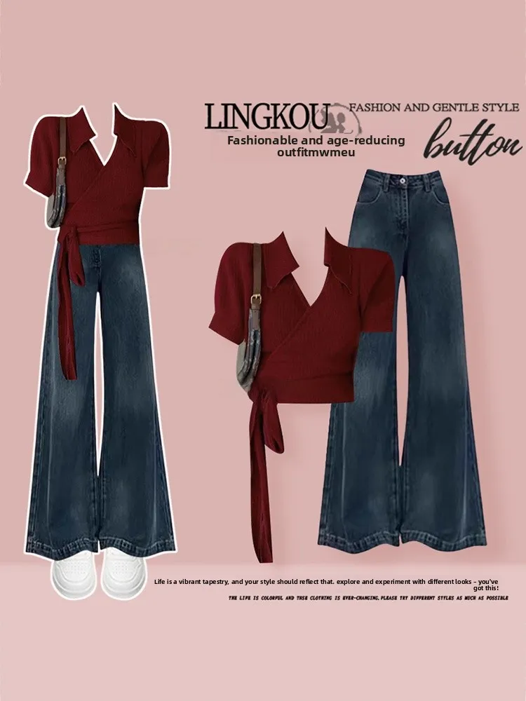 

Vintage Knot T-Shirt High Waist Jeans Women's Fashion Set Summer New Style Korean System Versatile Long Pants Short Sleeve Po...