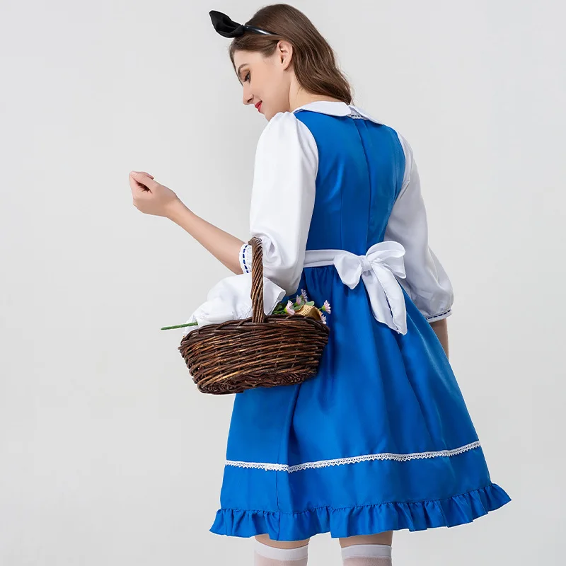 Halloween New Women's Blue White Farm Girl Dress Cosplay Maid Waitress Costume Strap-on Design Carnival Party Stage Clothing Set