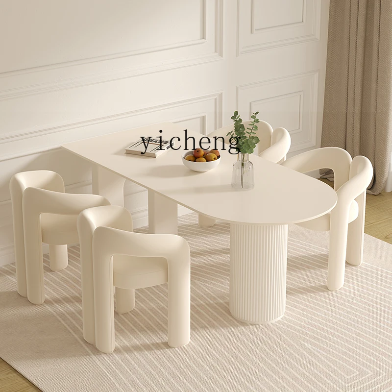 

ZF Pure White Stone Plate Dining Table Cream Style Household Semicircle Dining Tables and Chairs Set Modern Restaurant