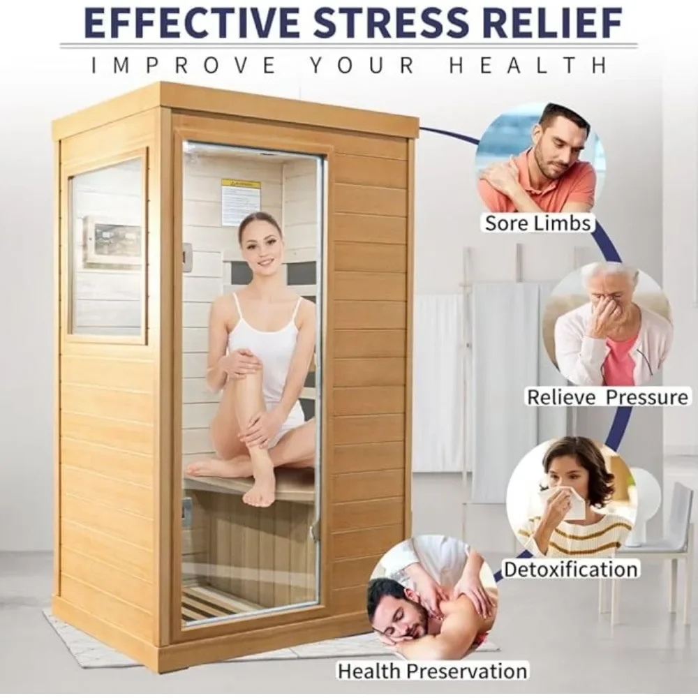 Far Infrared Sauna Home Saunas Spa Room,800W Low EMF Canadian Hemlock Wooden Indoor Dry Sauna,Ideal for 1 Person Home Sauna