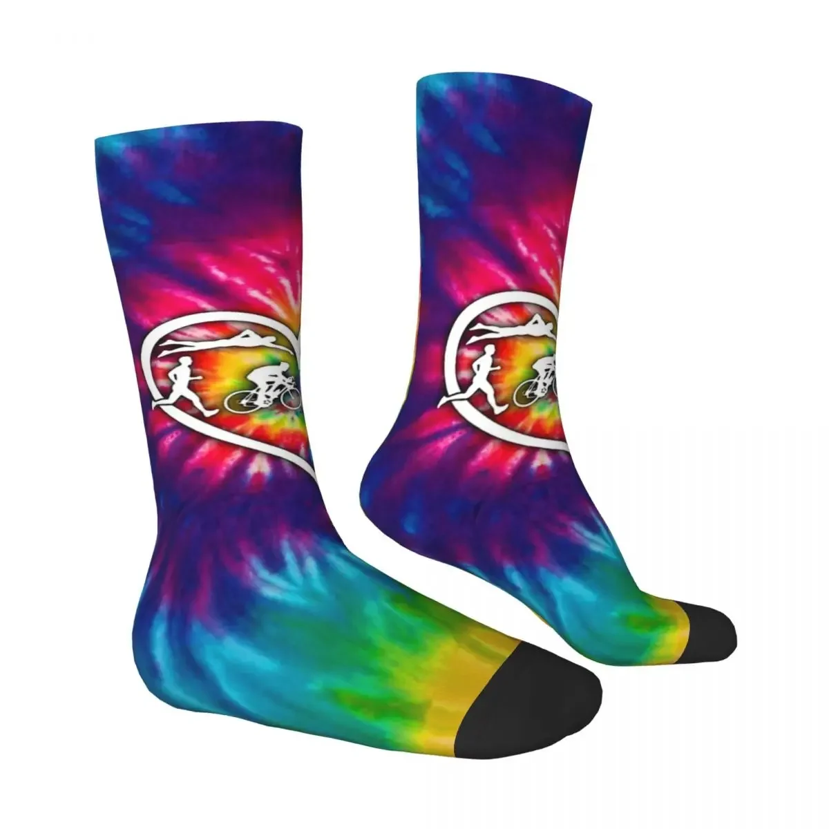 Triathlon Tie Dye Heart Triathlon Men Women Socks Windproof Novelty Spring Summer Autumn Winter Stockings Gift