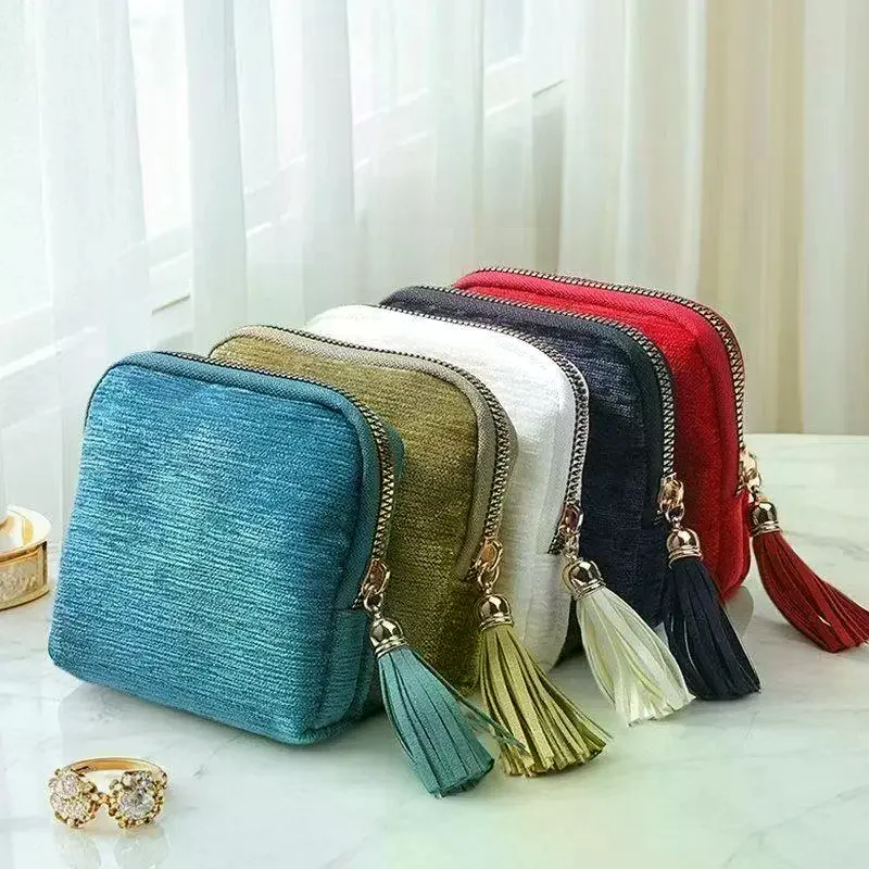 Soft Velvet Travel Jewelry Pouch Multiple Inner Compartments Tassel Zipper Portable Bag for Earrings Bracelets Rings Storage