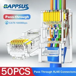 BAPPSUS 1-50Pcs CAT6 RJ45 Pass Through Connectors Gold-Plated Crimp Crystal Ends CAT5e UTP Network Unshielded Modular Plug