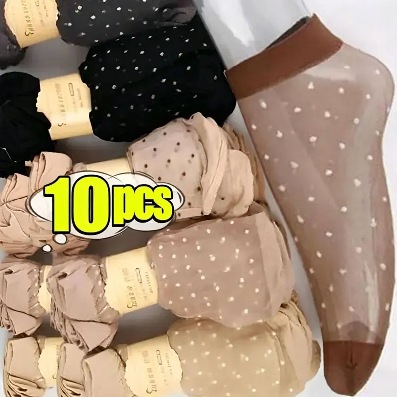 Ultrathin Nylon Mid-tube Sock Women Black Skin Dot Silk Socks Summer Short Hosiery Female Breathable Non-Slip Stretch Ankle Sox