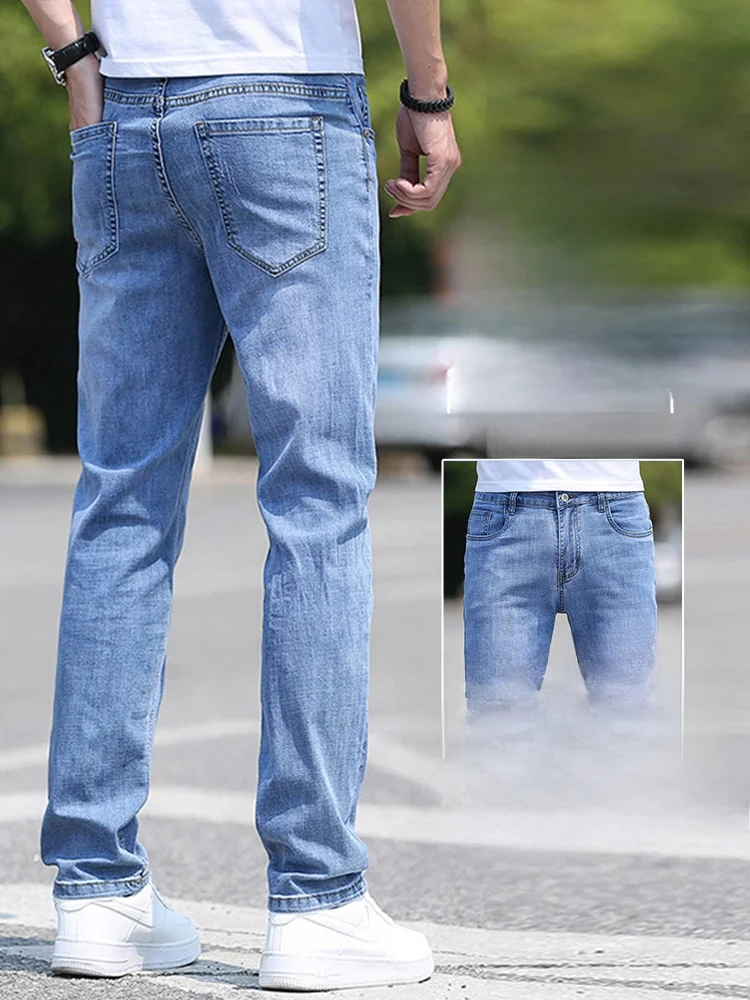 

Light Blue Men's Jeans Straight Leg Casual Wear Resistant Summer Spring High End Loose Fit Large Size Long Trousers