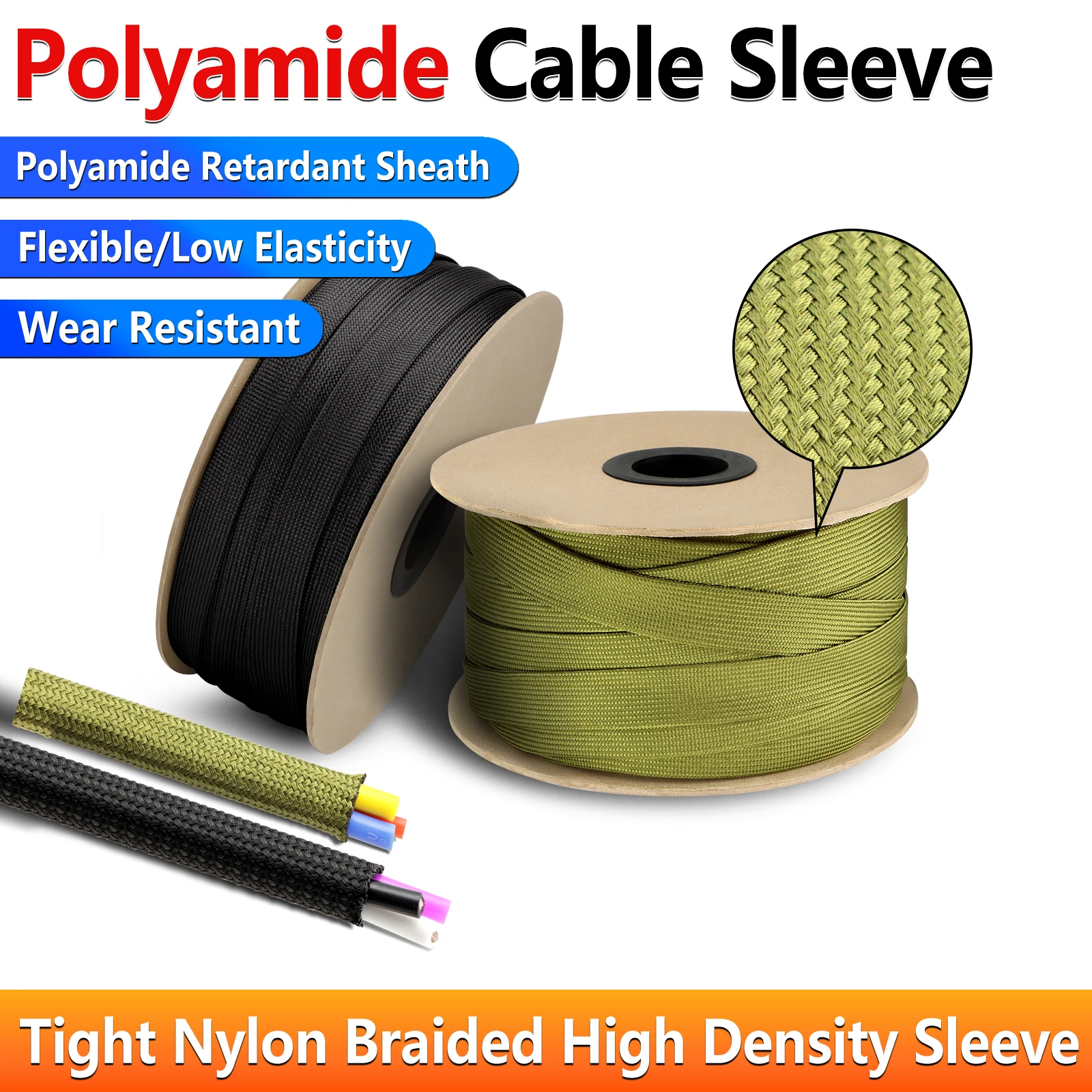 

Polyamide Cable Sleeve 6mm - 60mm Tight Nylon Braided High Density Insulated Gland Protection Expandable Sheath Polyamide Wrap