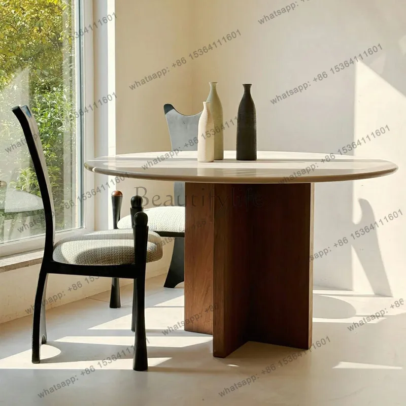 

Medieval cream style marble dining table Nordic simple wabi-sabi style