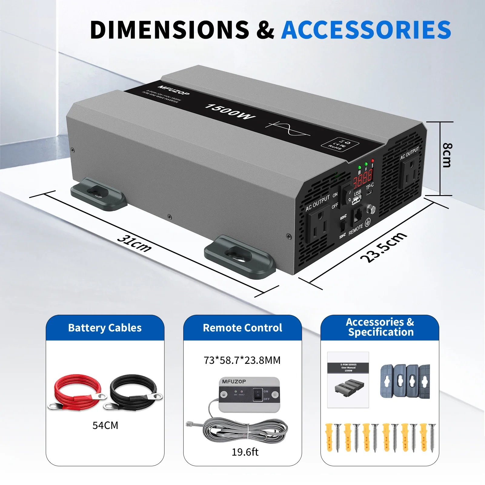 DATOUBOSS Pure Sine Wave Inverter SAK-1500W DC To AC Power Transformer Type-C USB Interface LCD Display 1500W Voltage Converter