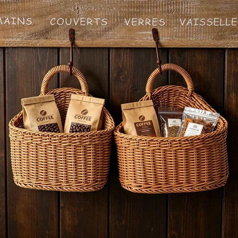 Handgewebter Hängender Rattan-Aufbewahrungskorb Weihnachtliche Wanddekoration Organizer für Küche Bad Kinderzimmer Schrank Café Blumentopf – Detail 2