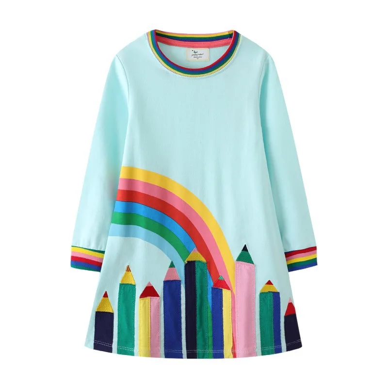 Jumping Meters Colored Pen Applique Girls Dresses For School Autumn Spring Children\'s Clothes Preppy Style Kids Costume