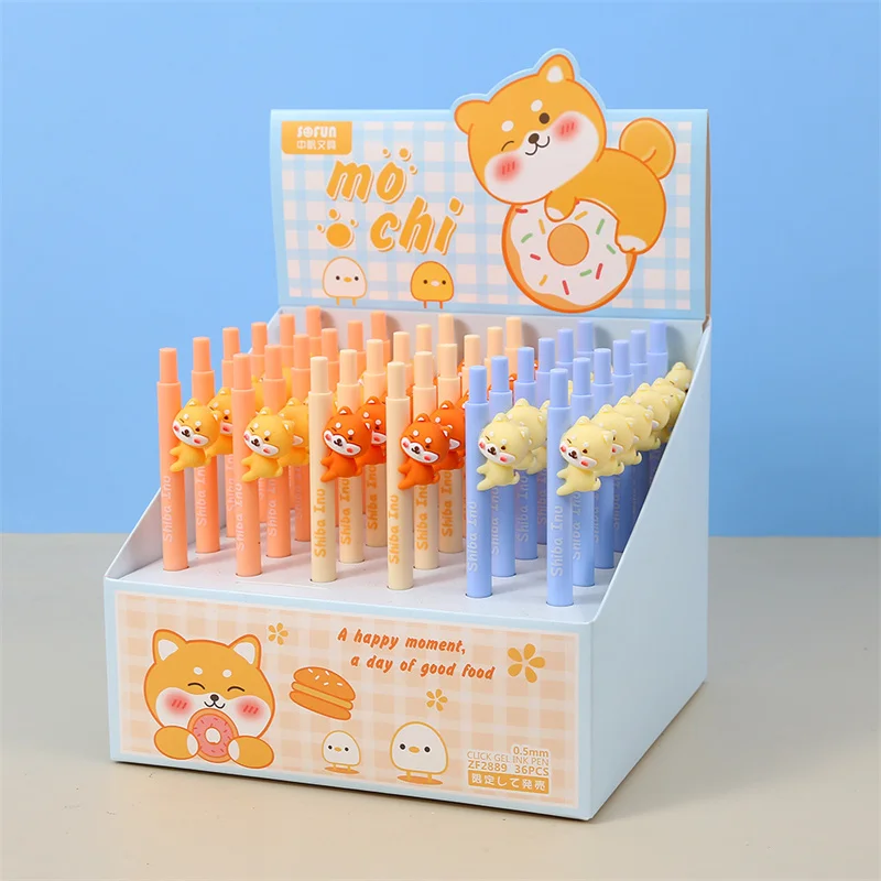 36pcs/lot Kawaii Shiba Inu Press Gel Pen Cute 0.5mm Black Ink Signature Pens Stationery Gift School Writing Supplies