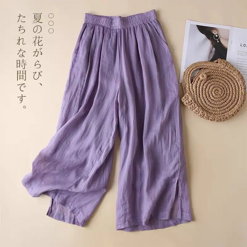 

New Women Summer Chinese Style Literature and Art Embroidered Ethnic Cotton Linen Retro Loose Elastic Wide Leg Pants A346
