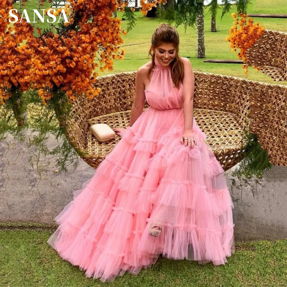 

Sansa Princess High Neck فساتين السهرة Peach Pink Multilayer Prom Dress Sweet Halter Neck Tulle A-line Vestidos De Noche