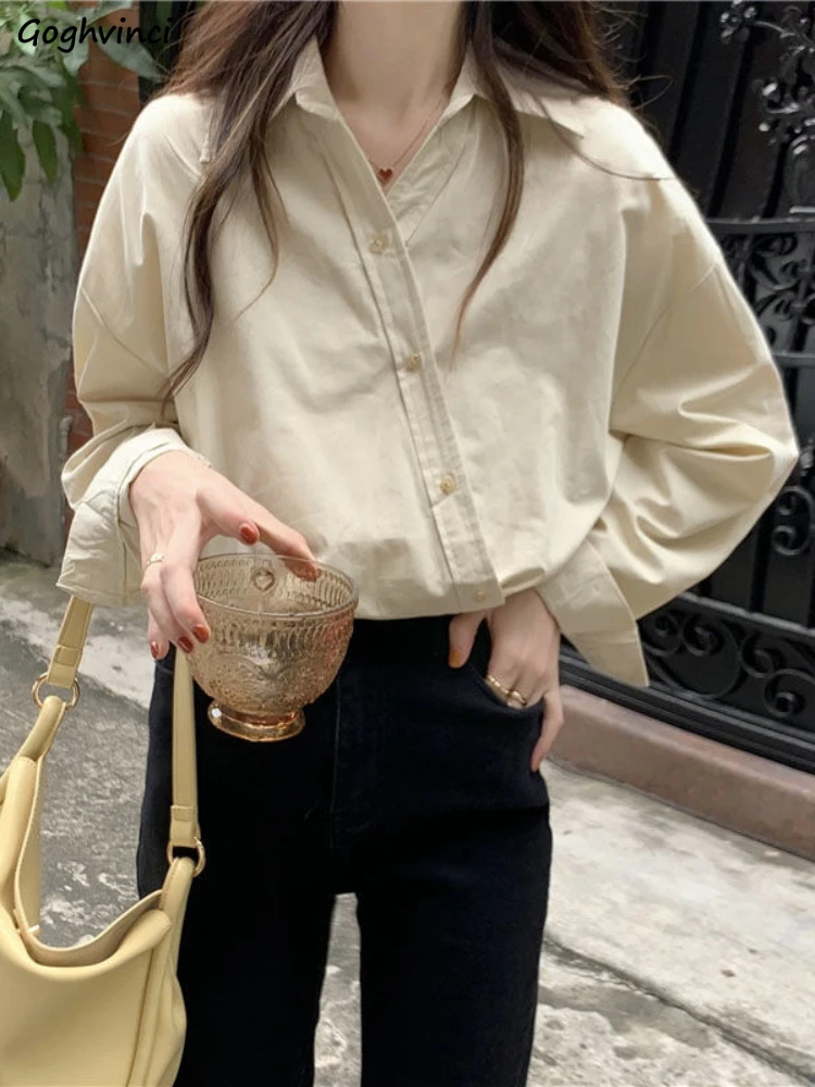 

Solid Shirts Women Long Sleeve Elegant Baggy Fit Design Spring Korean Style Simple All-match Tops Leisure Chic Roupas Femininas