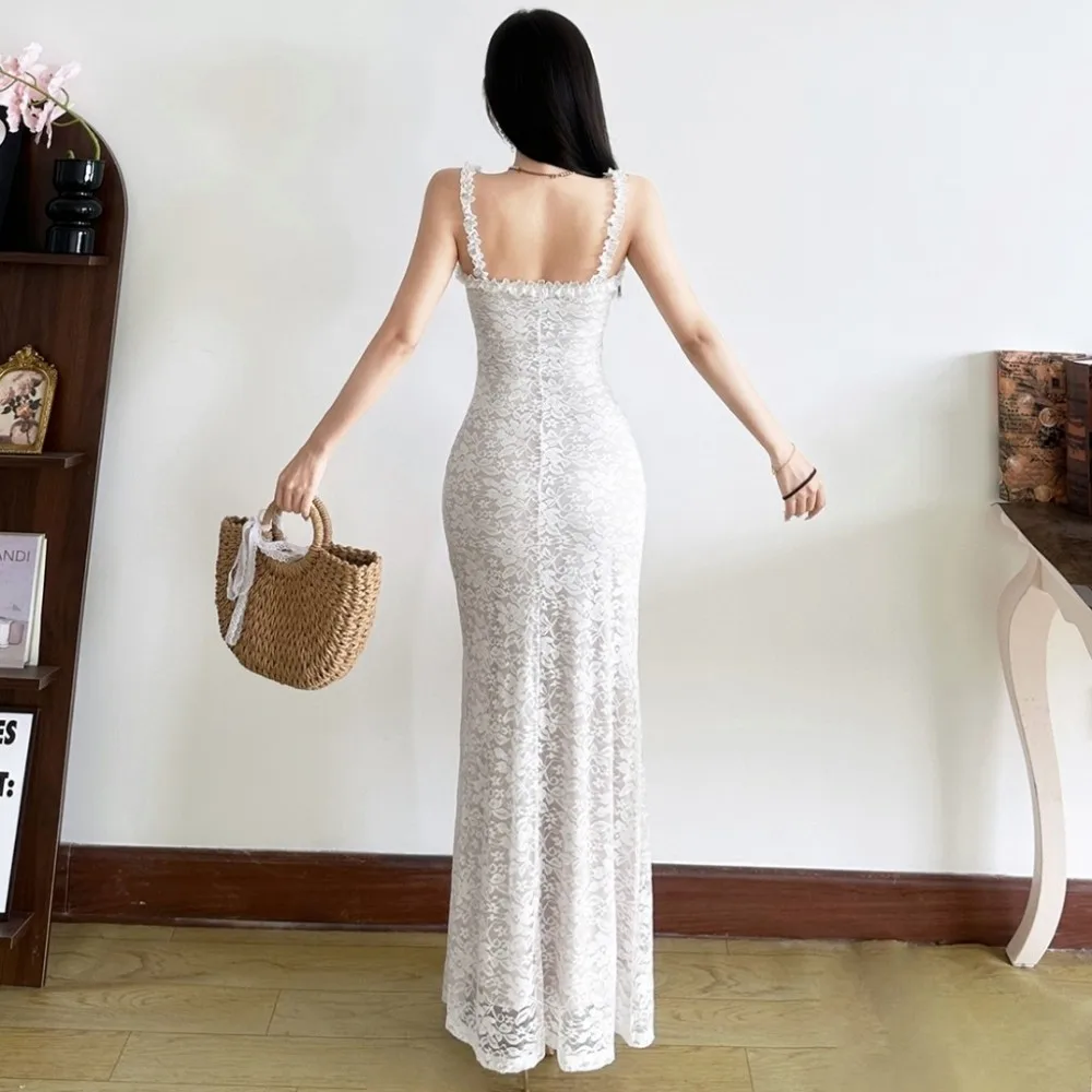 فستان ماكسي من قماش الجاكار من SylCue فستان نسائي مكشكش وأشرطة كتف بدون أكمام وظهر مكشوف ملفوف على الورك في الشارع فساتين أنيقة