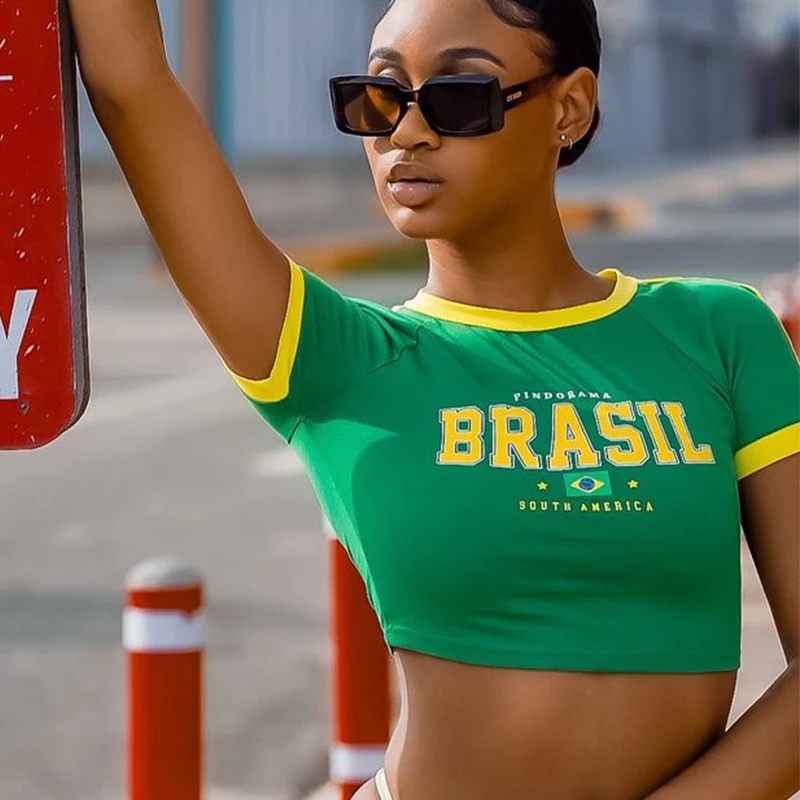 Summer Beach Sexy Crop Tops Casuales Brasil Letter Print T-Shirt Female 2026 Spring Fashion Street Short Sleeve O-Neck Tees